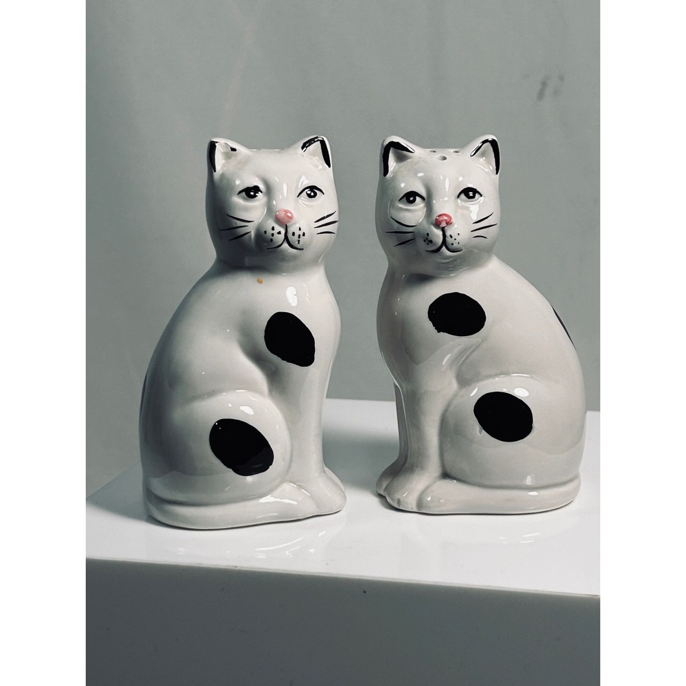 Vintage CBK Taiwan Ceramic Cat Salt and Pepper Shakers White‎ Black Spotted Set